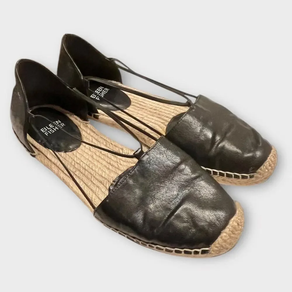 EILEEN FISHER Lee Black Leather Espadrille Flats Size 8.5